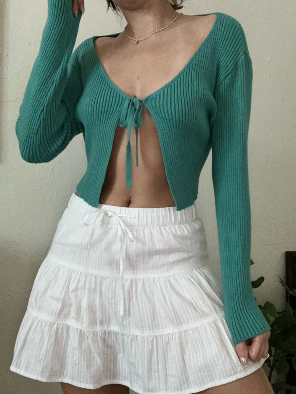 Teal Ribbed Tie-Front Cropped Cardigan